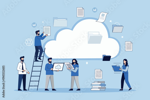 Team collaborating with cloud data and digital documents in modern workspace