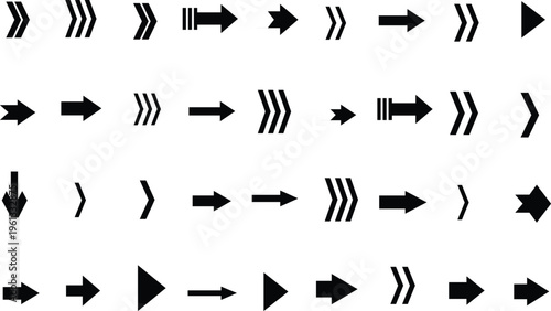A visual assortment of black arrow shapes displayed on a solid white surface for conveying advancement