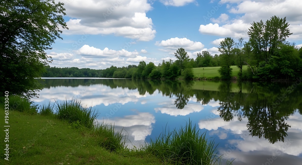 Obraz premium Calm lake reflects a bright blue sky with fluffy clouds, surrounded by green trees