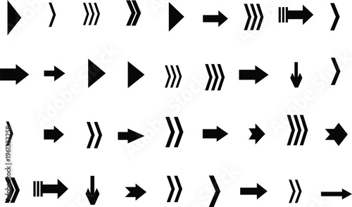 An assortment of black arrow icons demonstrating various styles and directions on a pristine white backdrop