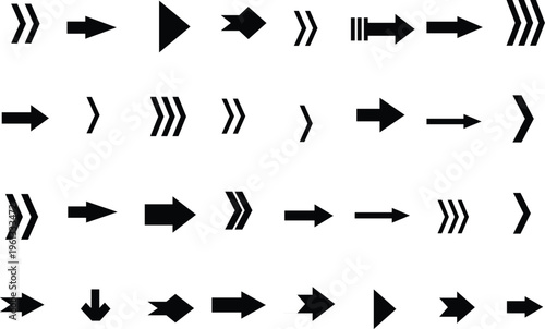 An assortment of various black arrow icons displaying multiple directions against a pristine white backdrop