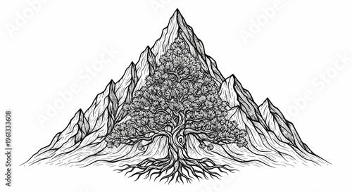 Tree Growing on Mountain Peak Illustration.