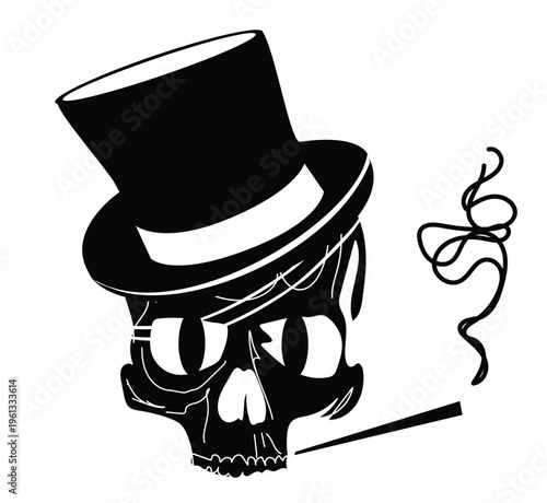 Black handdrawn skull with cigarettes and cylinder hat, cartoon character 
