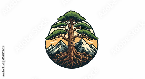Tree with Roots and Mountains Inside Circle.