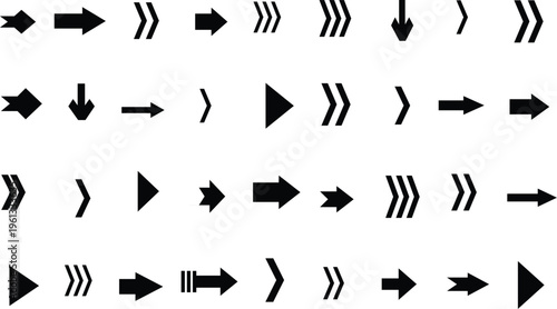 An extensive collection of diverse black arrow shapes presented on an uncluttered white canvas