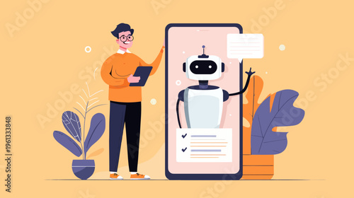 Young caucasian male interacting with a robot on smartphone screen