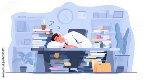 Male adult caucasian overworked office worker sleeping among stacks of paper in busy workplace