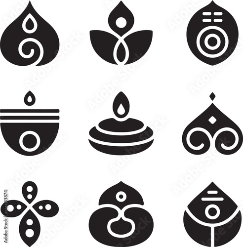 Hindu Religion Line Icon Set – Sacred Symbols, Spiritual Elements and Cultural Outline Vector Collection