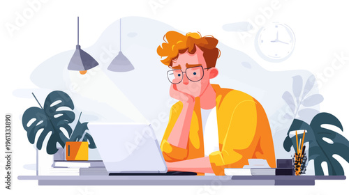 Young caucasian male working at desk feeling bored and unmotivated