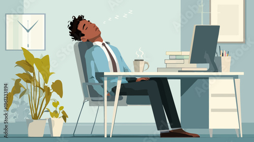Young african male relaxing asleep at modern office desk with coffee and books