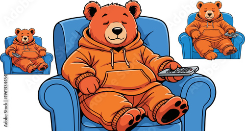 Cartoon brown bear character in orange hoodie sitting on blue armchair, cozy grizzly bear holding remote control, lazy animal watching television vector