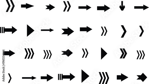 Grid of diverse black arrow icons indicating various directions and movements against a crisp white backdrop