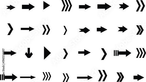 Many black arrow icons displaying diverse directional indicators for user navigation and interface guidance on white