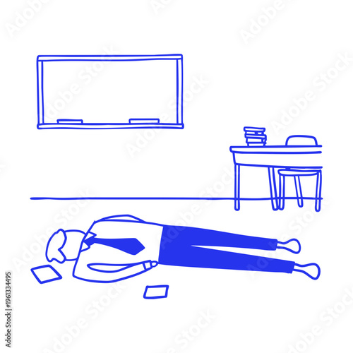 Burnt Out Teacher Laying Down Classroom Doodle Illustration