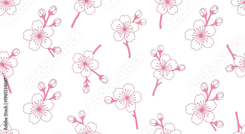 Seamless pattern featuring delicate cherry blossom flowers and buds with a soft pink outline style