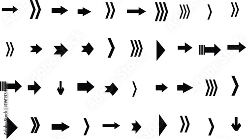 Many black arrow shapes and directional indicators presented neatly on a clean white surface