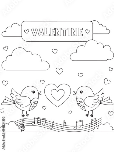 Valentine lovebirds with heart clouds and musical notes coloring pages