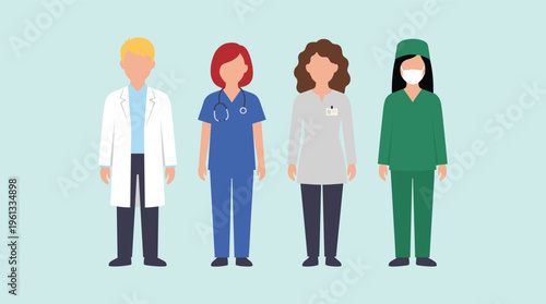 A diverse team of medical professionals, including a doctor, nurse, and healthcare workers, in flat vector illustration