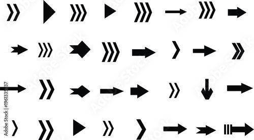 Many different styles of black arrow symbols presenting diverse movement options on a plain white field