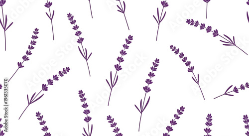 A repeating pattern design featuring elegant purple lavender flower stalks arranged in a layout