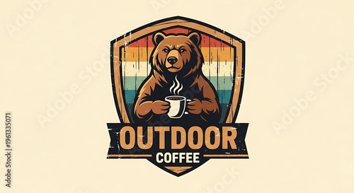 Vintage Grizzly Bear Mascot Holding Hot Coffee Cup Retro Logo
