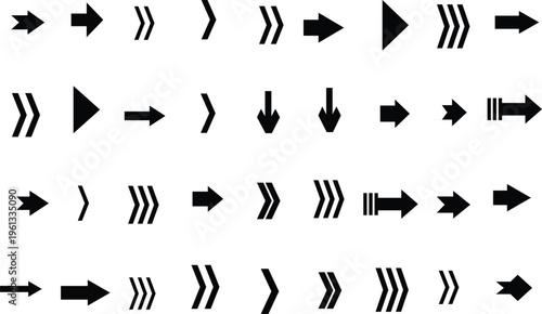 Many different styles of black arrows presented together on a bright white background for clear communication