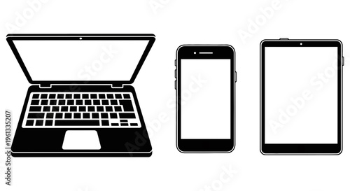 Simple line art illustration of laptop computer and mobile devices