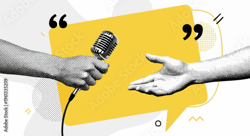 Retro collage vector of hand holding microphone for interview, podcast speech bubble illustration, vintage halftone journalism concept