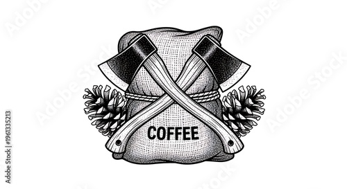 Vintage Hand Drawn Coffee Bean Sack with Crossed Axes Illustration