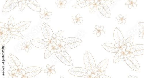 Seamless pattern featuring delicate hand drawn plumeria flowers and lush green tropical foliage