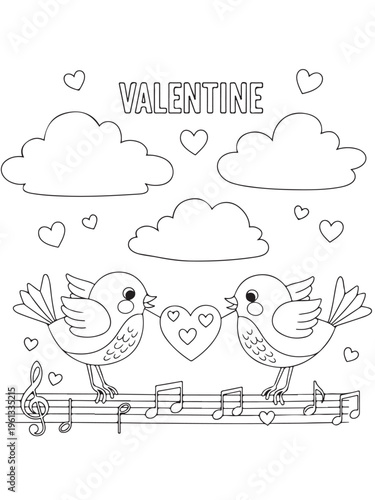 Valentine lovebirds with heart clouds and musical notes coloring pages