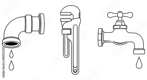 Leaking water pipe and faucet illustrations with drips