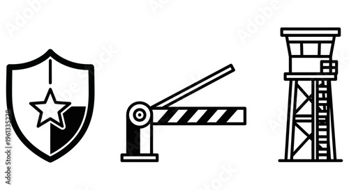 Security icons including shield with star, road barrier, and watchtower