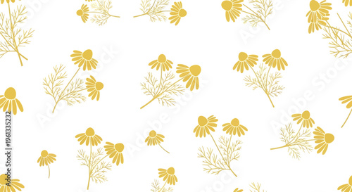 A seamless pattern featuring delicate golden chamomile flowers with detailed leaves and stems
