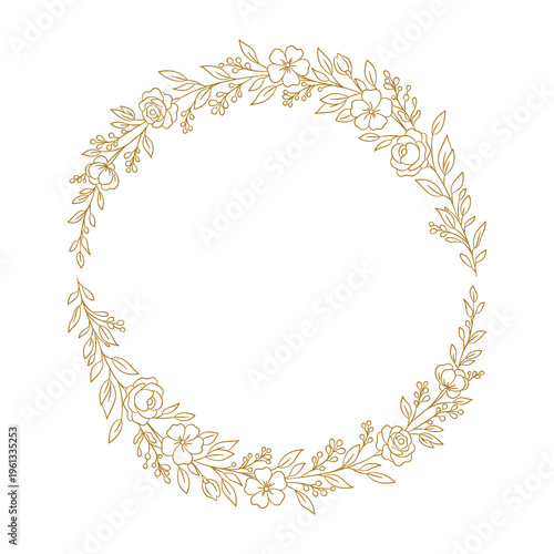 Elegancki złoty wianek kwiatowy. Ilustracja wektorowa w stylu line art. Okrągła ramka dekoracyjna z różami, drobnymi kwiatkami, liśćmi i gałązkami z jagodami.