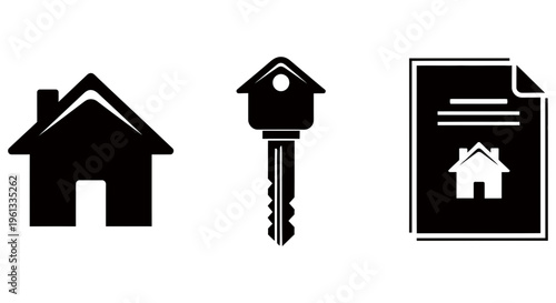 Simple black icons representing home ownership and real estate documents