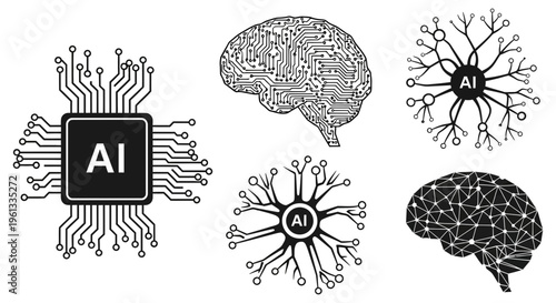 Artificial intelligence concept with brain and microchip circuit symbols