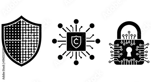 Cybersecurity icons including shield, circuit board, and padlock for data protection and privacy
