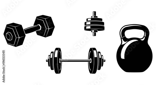 Various types of weights and dumbbells for strength training and exercise