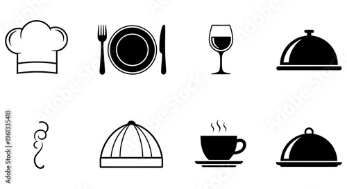 Restaurant icons including chef hat and food serving utensils