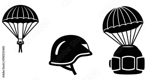 Parachute and safety helmet icons for adventure and protection gear