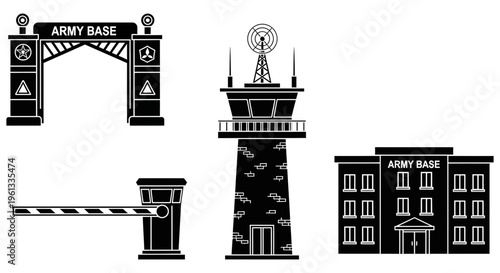 Army base architectural elements in black and white