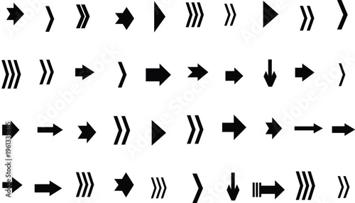 This large selection of black arrow markers demonstrates different orientations on a simple white canvas