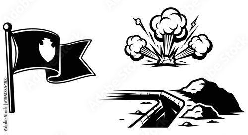 Black and white illustration of a flag with a shield blowing in the wind next to a mountain road and an explosion