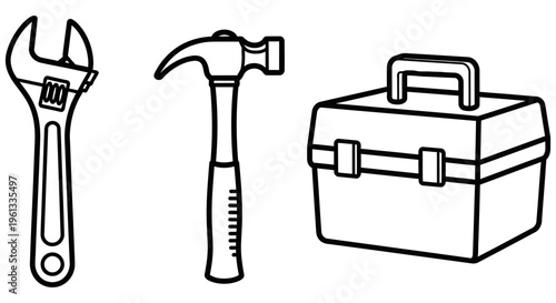 Simple line drawing of adjustable wrench, claw hammer, and toolbox