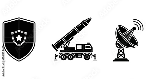 Military defense system with shield, missile launcher, and satellite dish for secure communication and protection