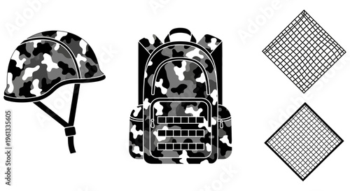 Camouflage backpack and accessories set with helmet and patches