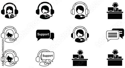 Customer support icons featuring people wearing headsets and chatting