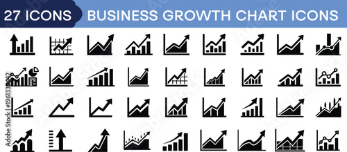 Business growth chart icon set with rising graphs, analytics, profit increase, financial statistics and success trend vector symbols collection