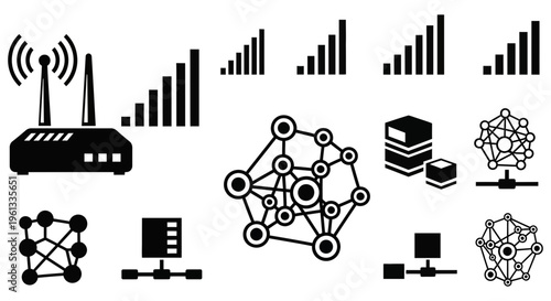 Network connection and data exchange icons for technology and communication systems
